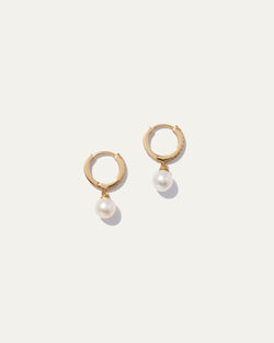 14K Gold Pave Diamond Hoop Pearl Drop Earrings
