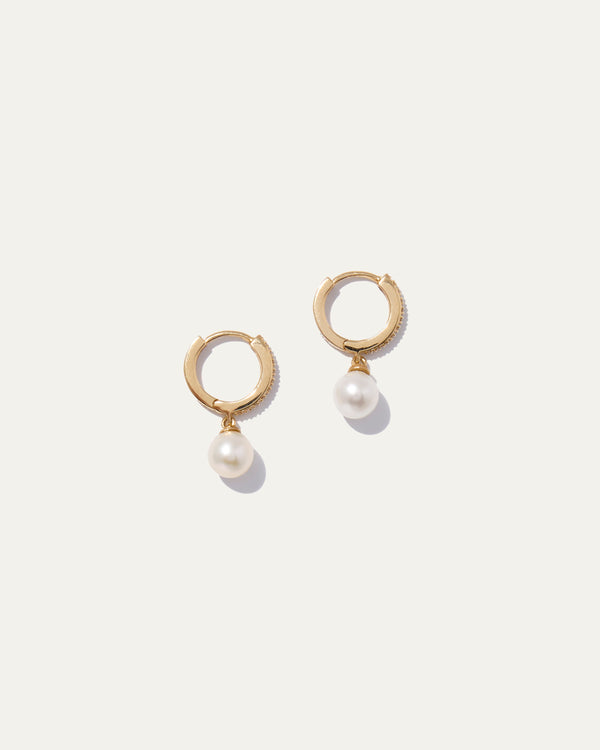 14K Gold Pave Diamond Hoop Pearl Drop Earrings