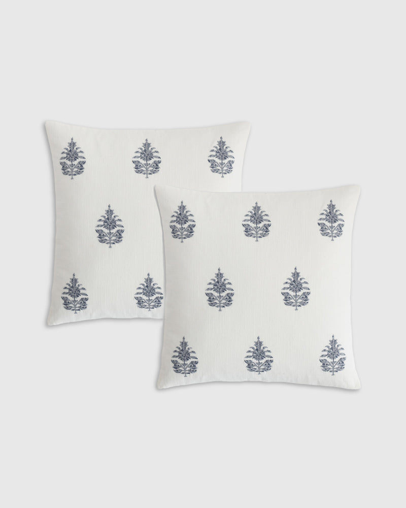 Block Print Embroidered Linen Pillow Cover - Set of 2