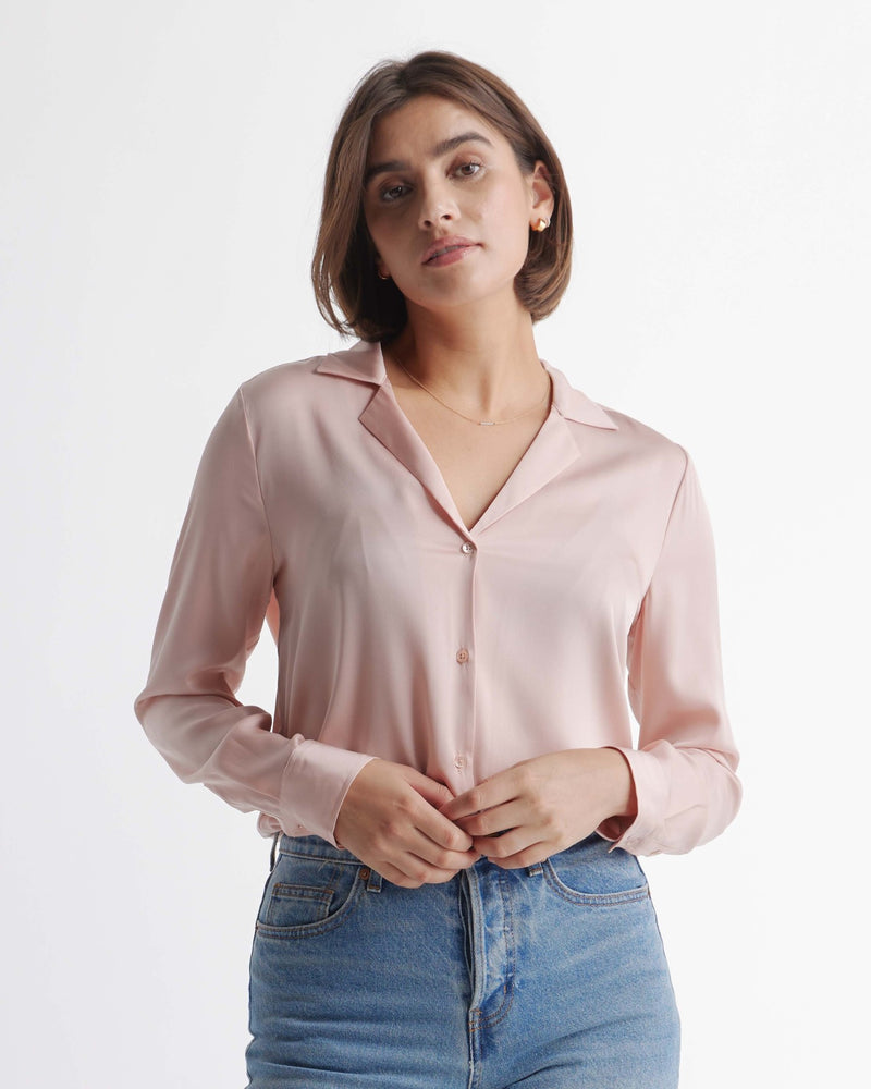 Washable Stretch Silk Notch Collar Blouse