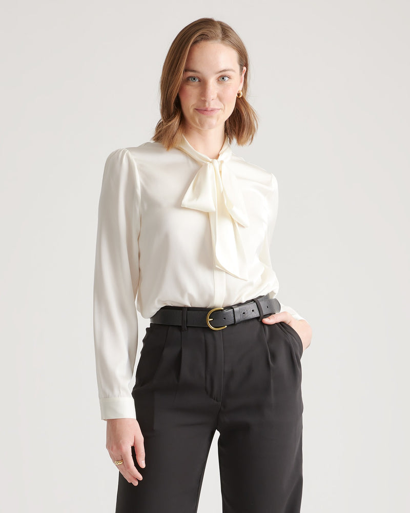 Washable Stretch Silk Tie Neck Blouse