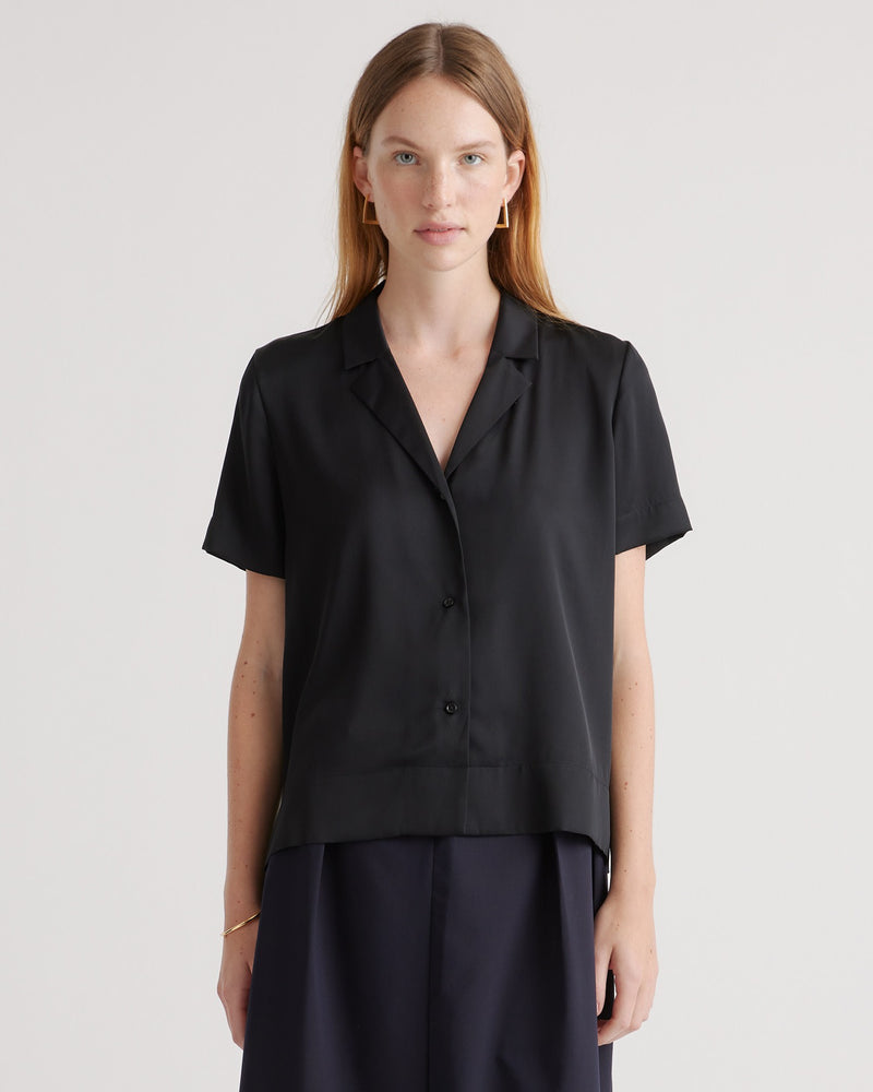 Washable Stretch Silk Short Sleeve Notch Collar Blouse