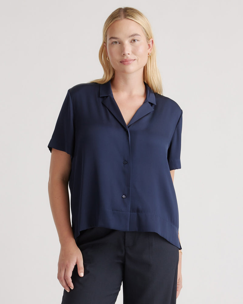 Washable Stretch Silk Short Sleeve Notch Collar Blouse