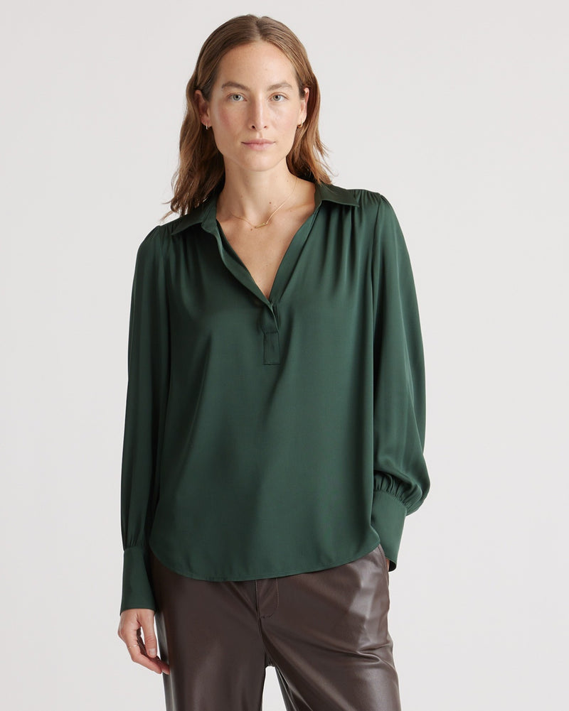 Washable Stretch Silk Split Neck Blouse