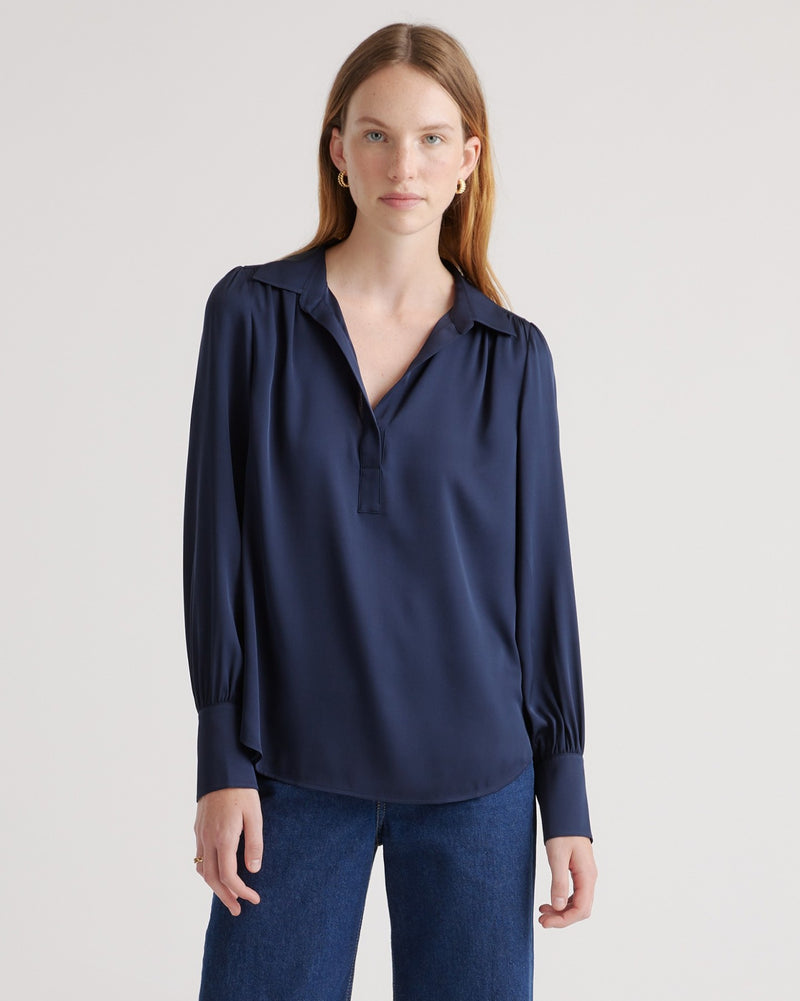 Washable Stretch Silk Split Neck Blouse