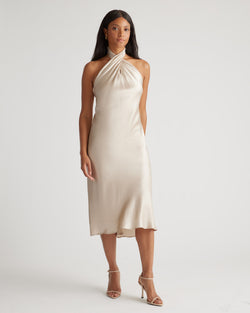 100% Washable Silk Twist Halter Midi Dress