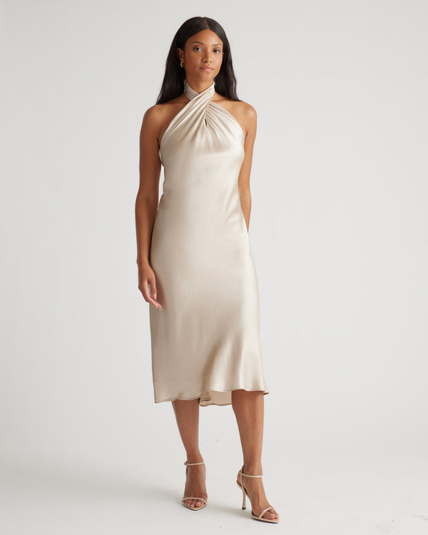 100% Washable Silk Twist Halter Midi Dress