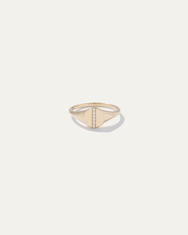 14K Gold Pave Diamond Line Round Signet Ring